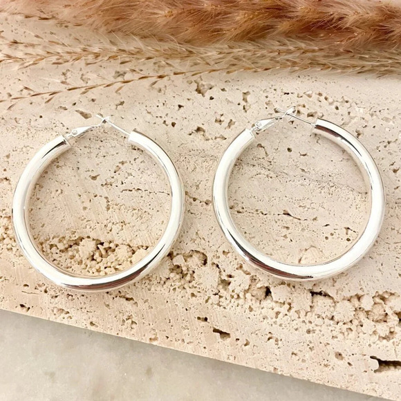 925 Sterling Silver Chunky Hoop Earrings Large Silver Hoops Silver Hoops - Picture 2 of 5